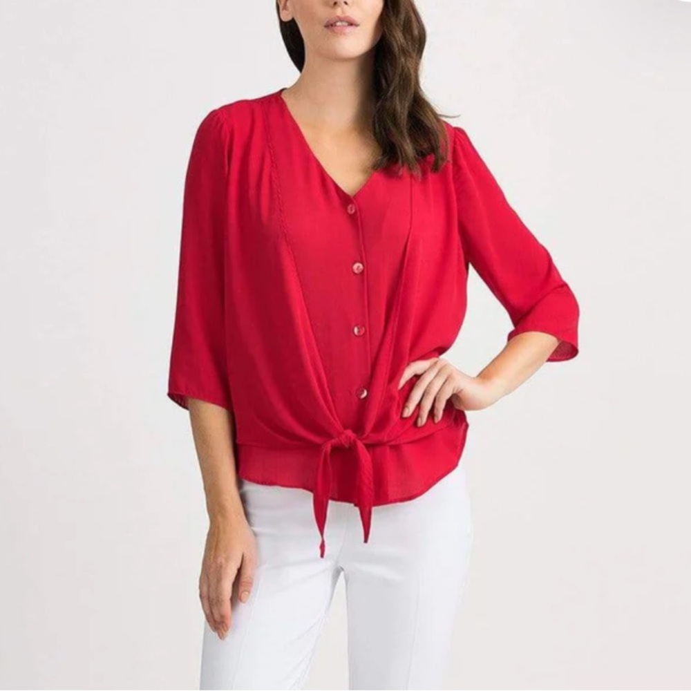 Joseph Ribkoff Red Tie Front Blouse Size 8 Chiffon V Neck 3/4 Sleeve Office - Picture 1 of 15